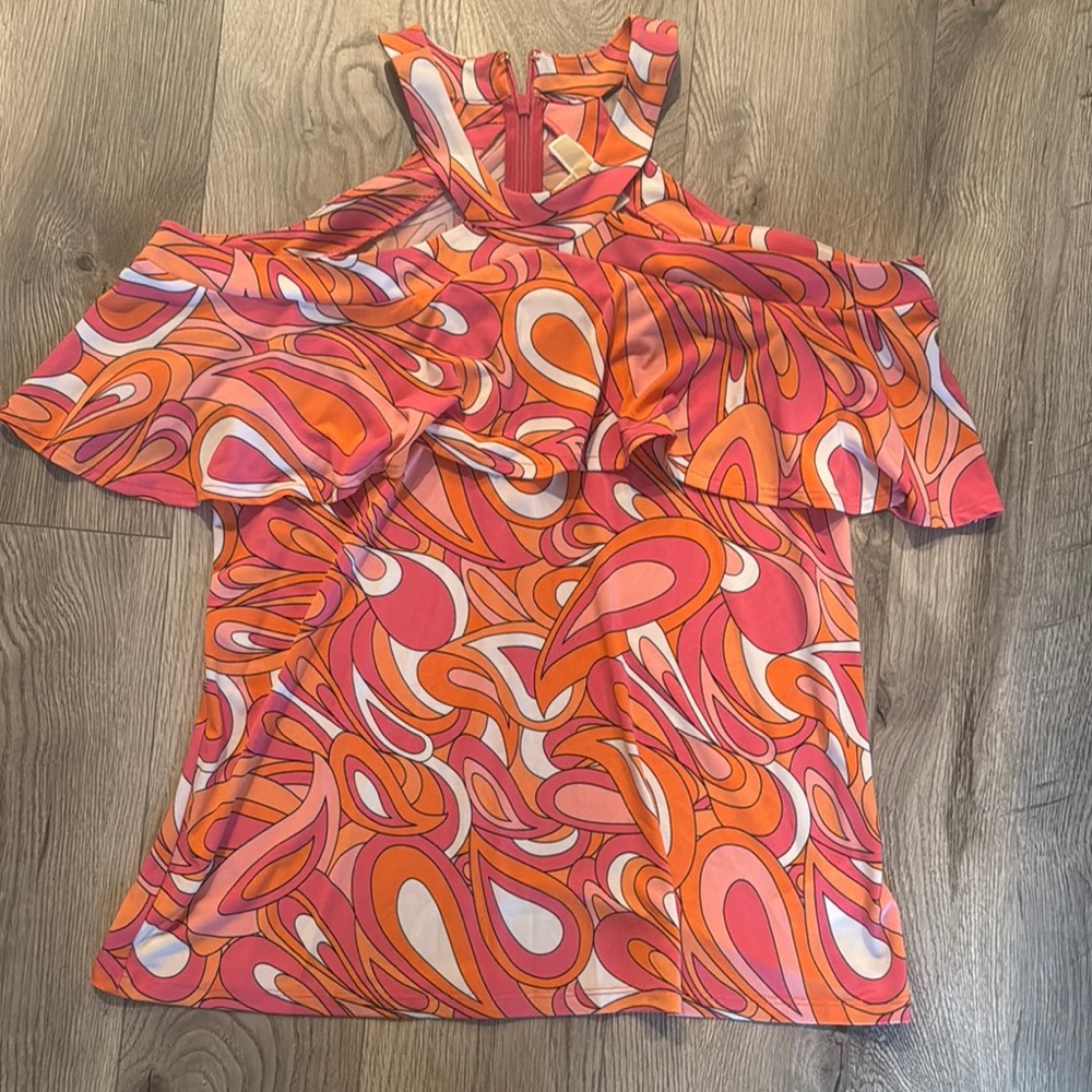 Michael Kors Orange and Red Ruffled Asymmetrical Blouse